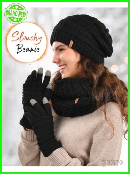 Winter Knit Beanie Scarf Touchscreen Gloves 3-Piece Set, Soft Acrylic main image 5